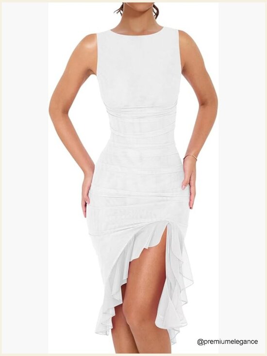 Dresses & Skirts - Sleeveless Bodycon Midi Dress with Ruffle Hem, Boat Neck, Ruched Cocktail Party